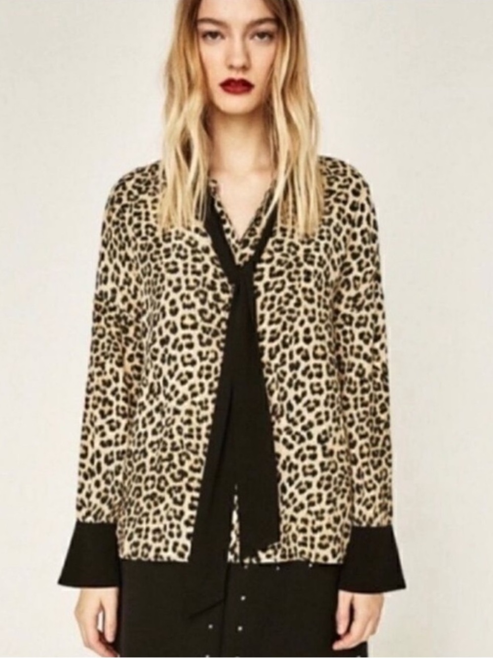 Zara Animal Print Button Lapel Bow Blouse